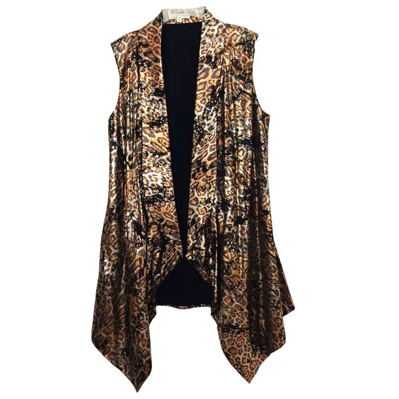 Alberto Makali Large Leopard Animal Print Metallic Vest Open Sleeveless Jacket