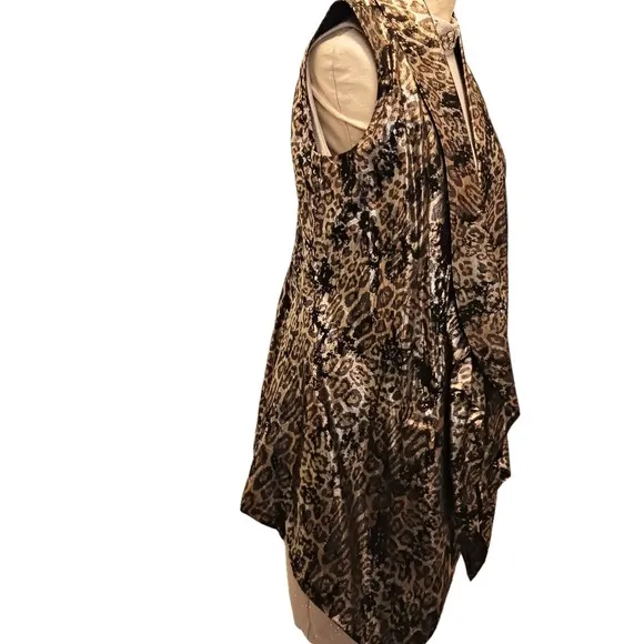 Alberto Makali Large Leopard Animal Print Metallic Vest Open Sleeveless Jacket