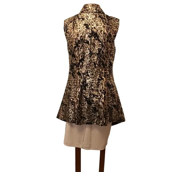 Alberto Makali Large Leopard Animal Print Metallic Vest Open Sleeveless Jacket