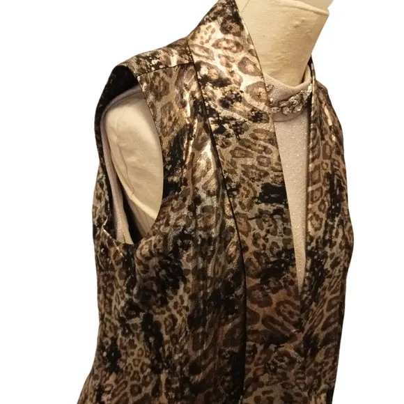 Alberto Makali Large Leopard Animal Print Metallic Vest Open Sleeveless Jacket
