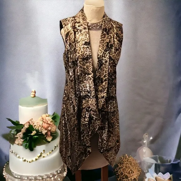 Alberto Makali Large Leopard Animal Print Metallic Vest Open Sleeveless Jacket