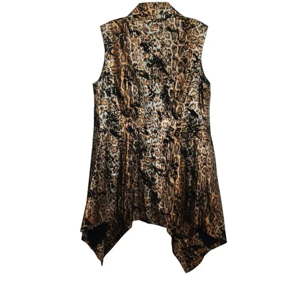 Alberto Makali Large Leopard Animal Print Metallic Vest Open Sleeveless Jacket