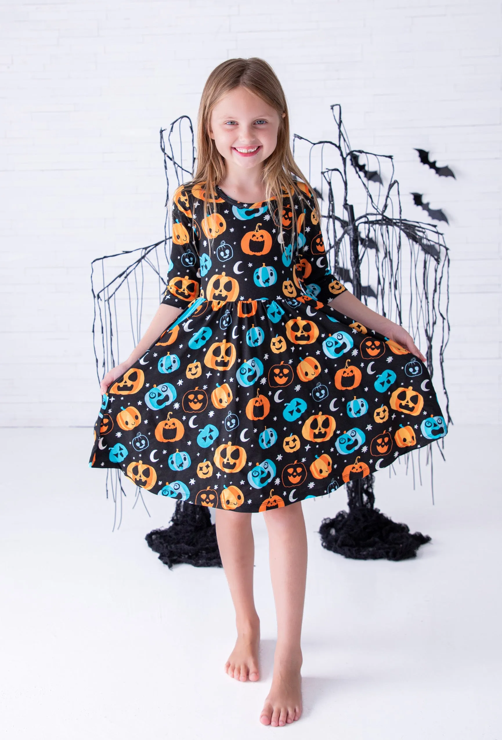 Birdie Bean Halloween Dex Teal and Orange Pumpkins Glow-in-the-Dark Girls Birdie Dress