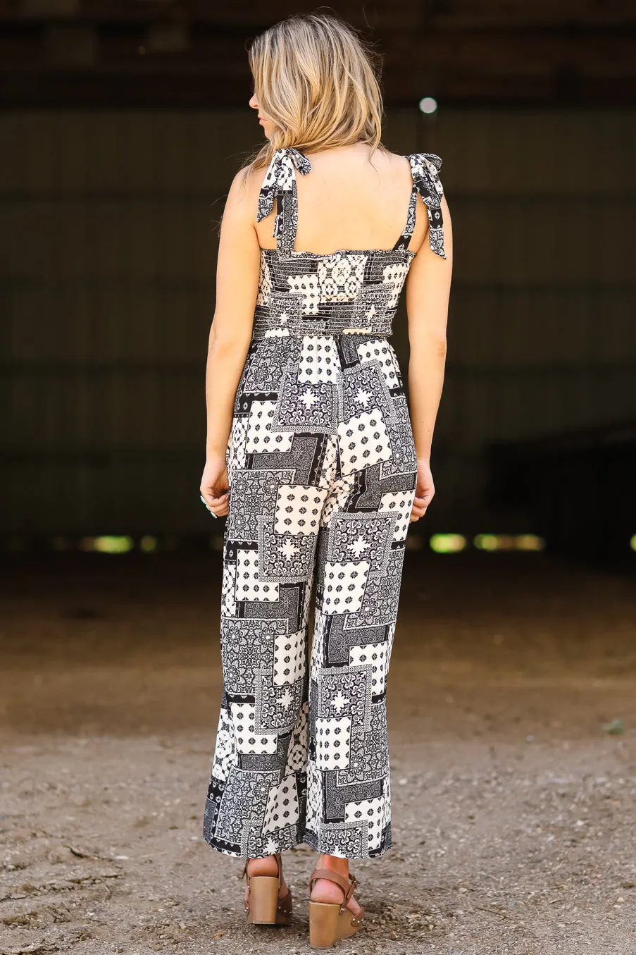 Black and Ivory Patchwork Print Jumpsuit