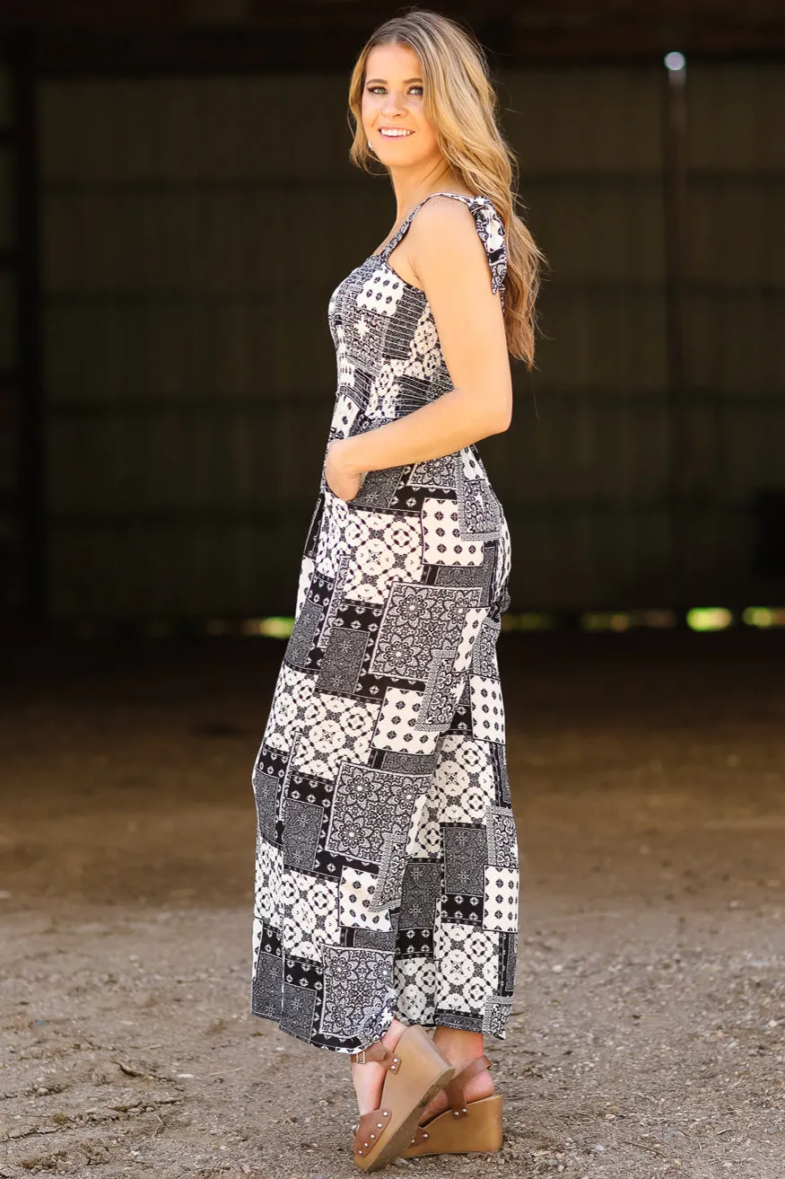Black and Ivory Patchwork Print Jumpsuit