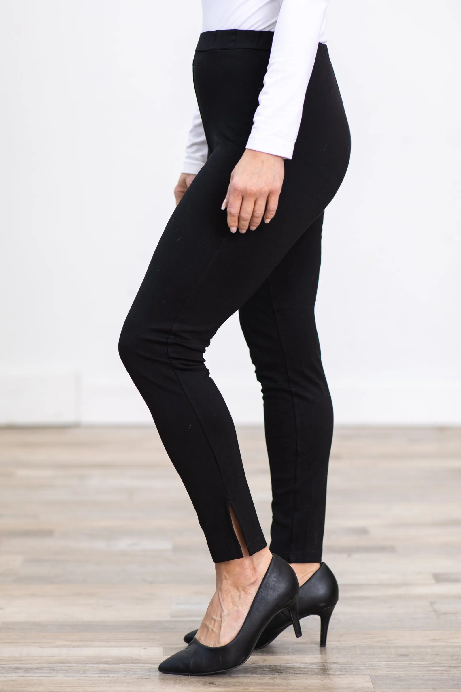 Black Ponte Bottom Slit Leggings