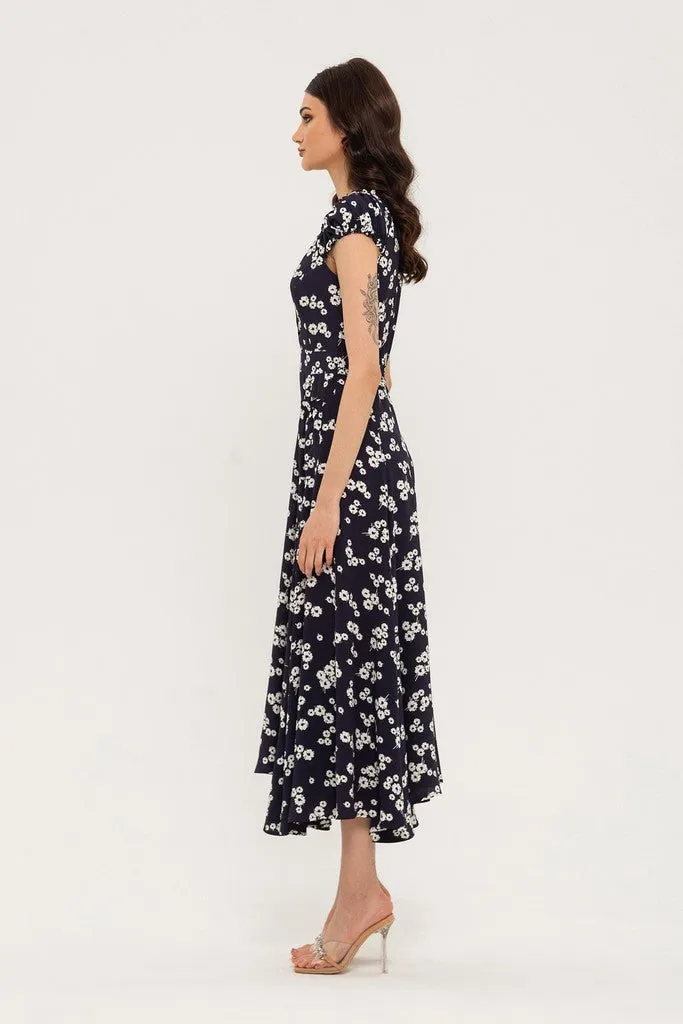 Blue Day A-line V-neck Cape Short Sleeve Maxi Floral Dress
