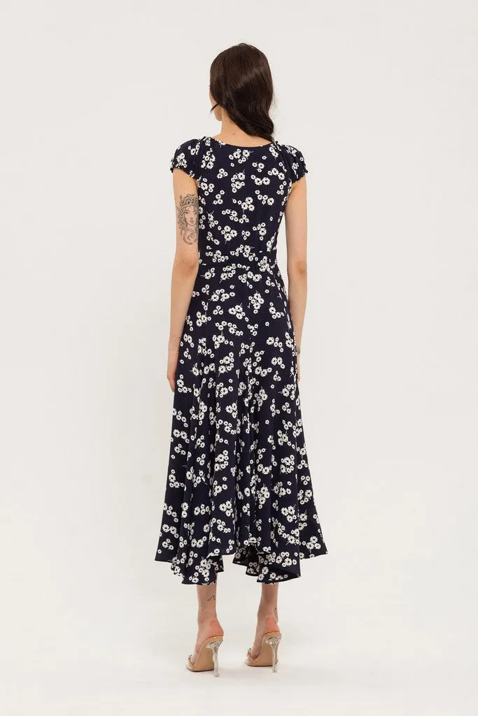 Blue Day A-line V-neck Cape Short Sleeve Maxi Floral Dress