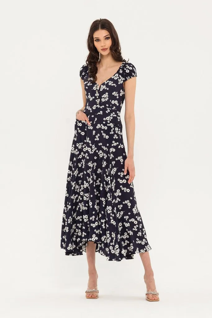 Blue Day A-line V-neck Cape Short Sleeve Maxi Floral Dress