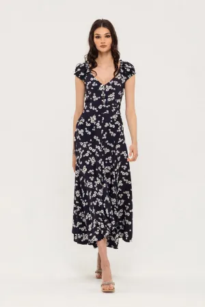 Blue Day A-line V-neck Cape Short Sleeve Maxi Floral Dress