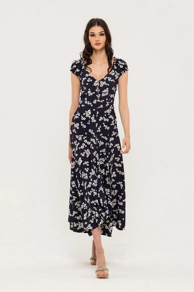 Blue Day A-line V-neck Cape Short Sleeve Maxi Floral Dress