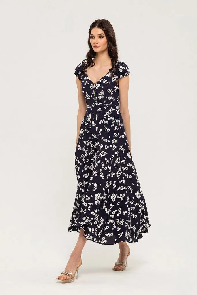 Blue Day A-line V-neck Cape Short Sleeve Maxi Floral Dress