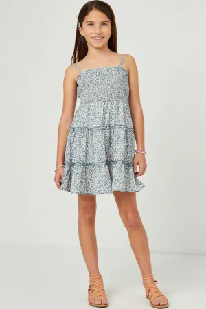 Botanical Print Smocked Tiered Dress