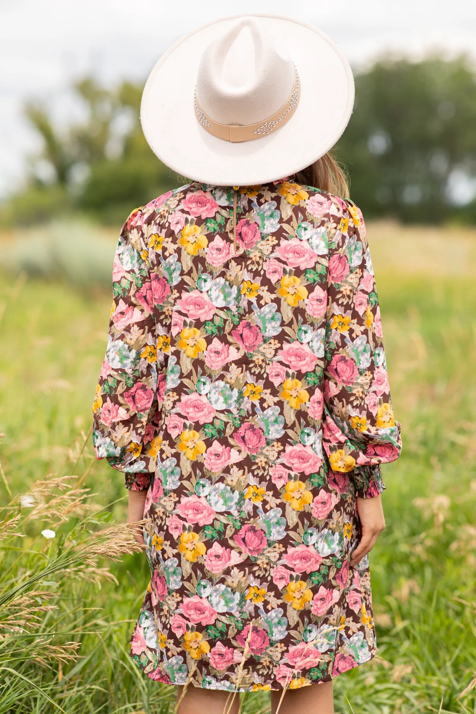 Brown Multicolor Floral Long Sleeve Dress