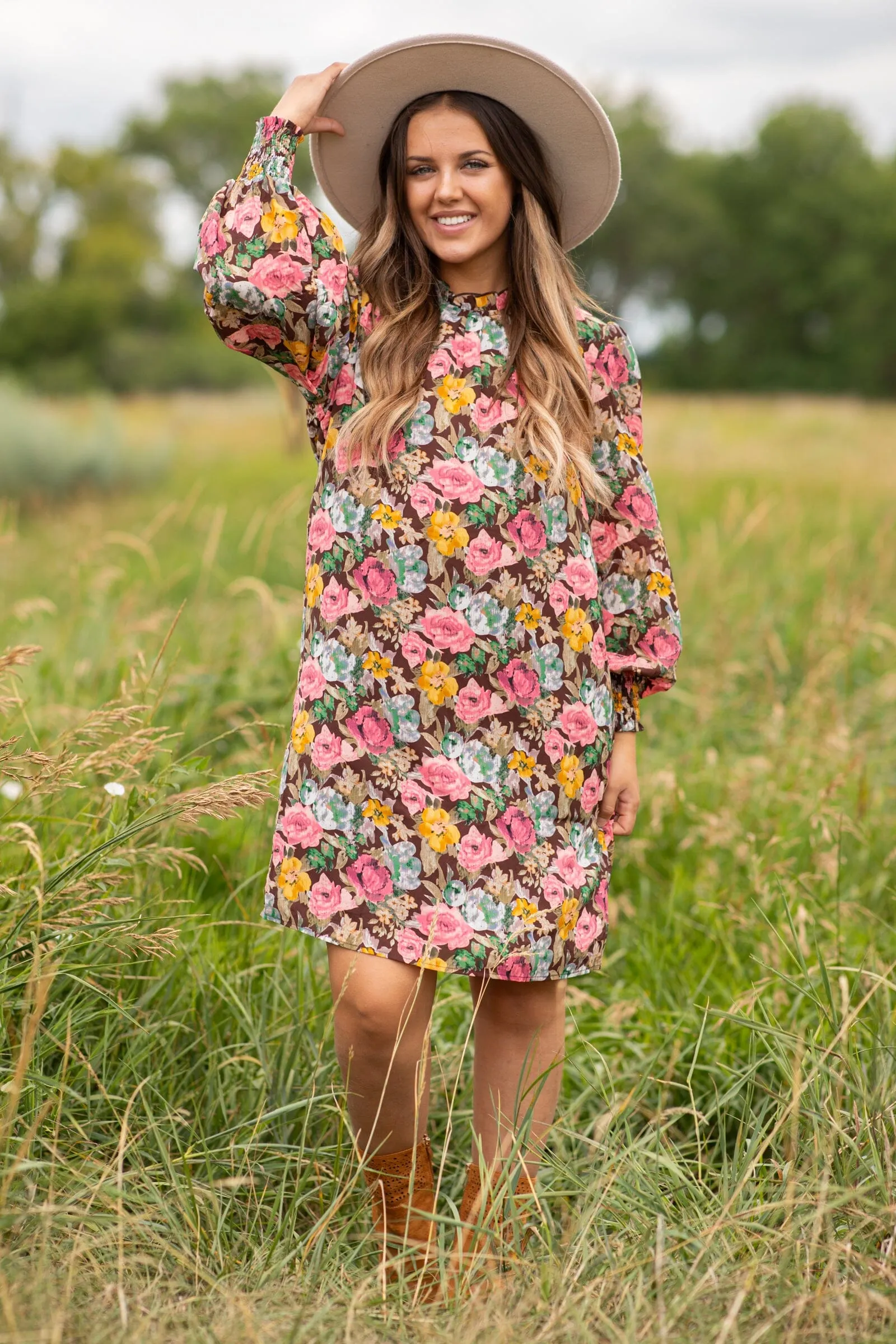 Brown Multicolor Floral Long Sleeve Dress