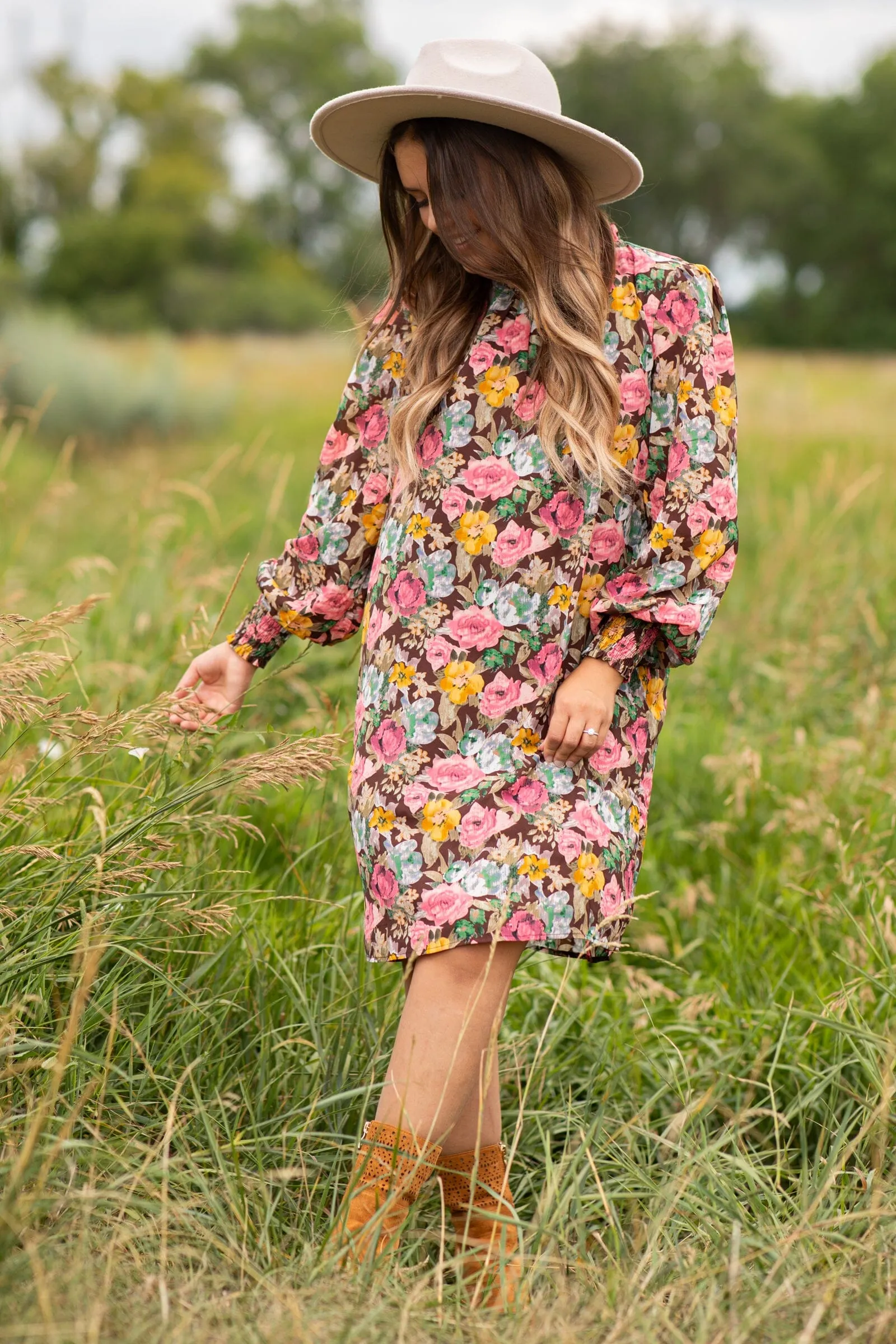 Brown Multicolor Floral Long Sleeve Dress