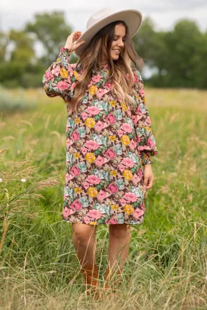 Brown Multicolor Floral Long Sleeve Dress