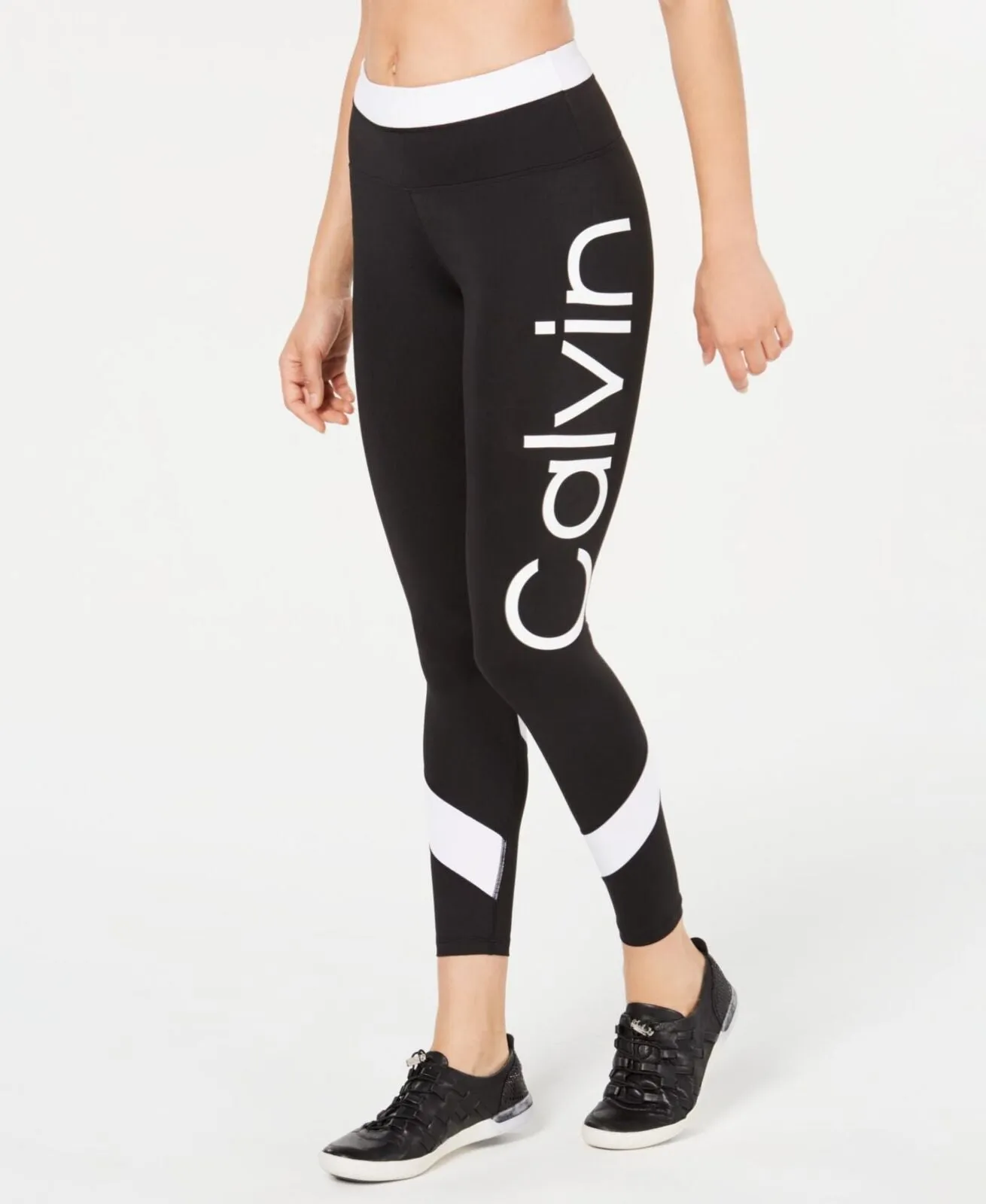 Calvin Klein 7/8 Performance High-Rise Colorblocked Logo Leggings Black White XS