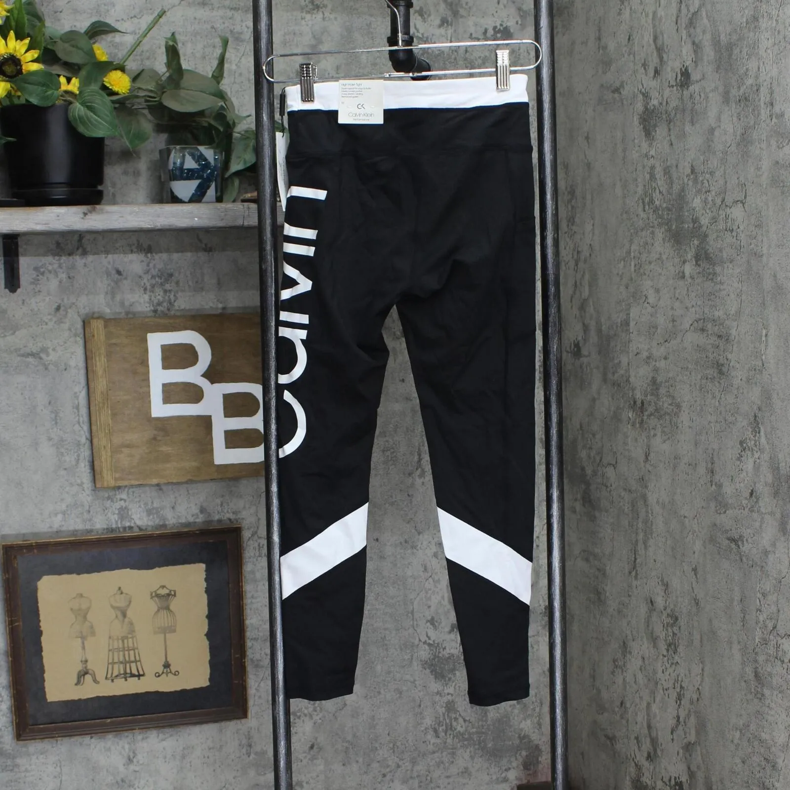 Calvin Klein 7/8 Performance High-Rise Colorblocked Logo Leggings Black White XS