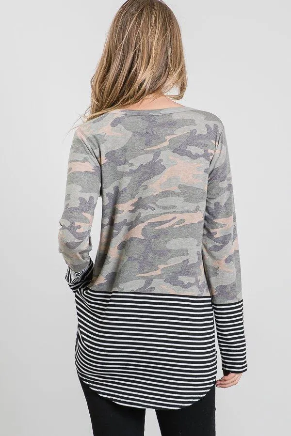 Camo & Stripes Sequin Pocket Top