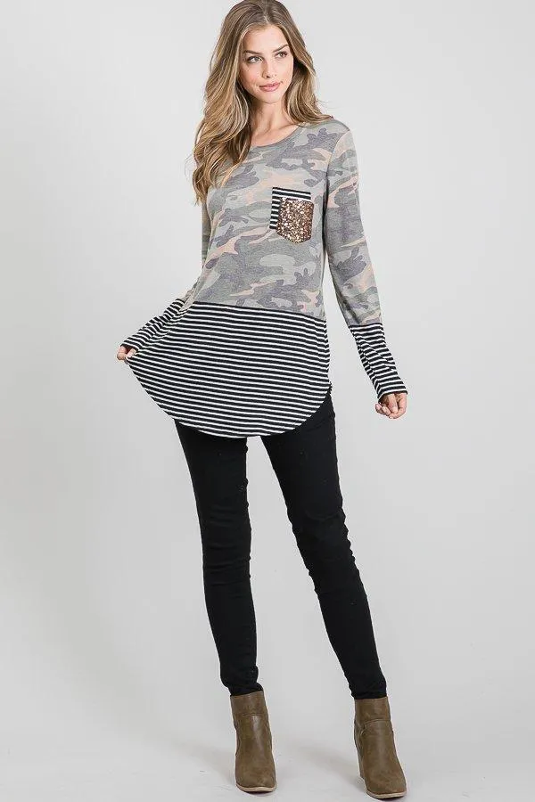 Camo & Stripes Sequin Pocket Top
