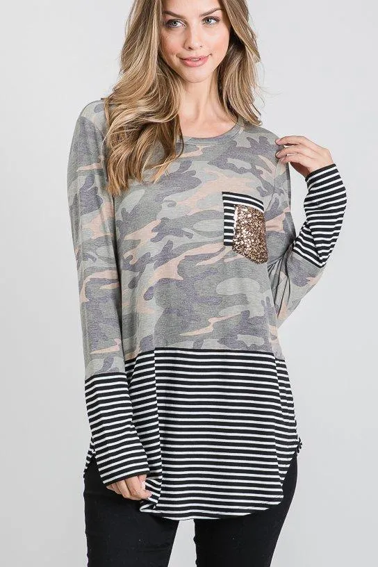 Camo & Stripes Sequin Pocket Top