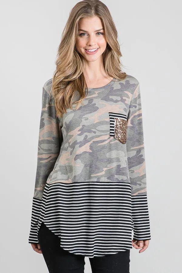 Camo & Stripes Sequin Pocket Top