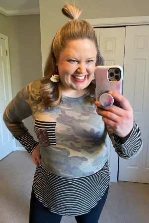 Camo & Stripes Sequin Pocket Top