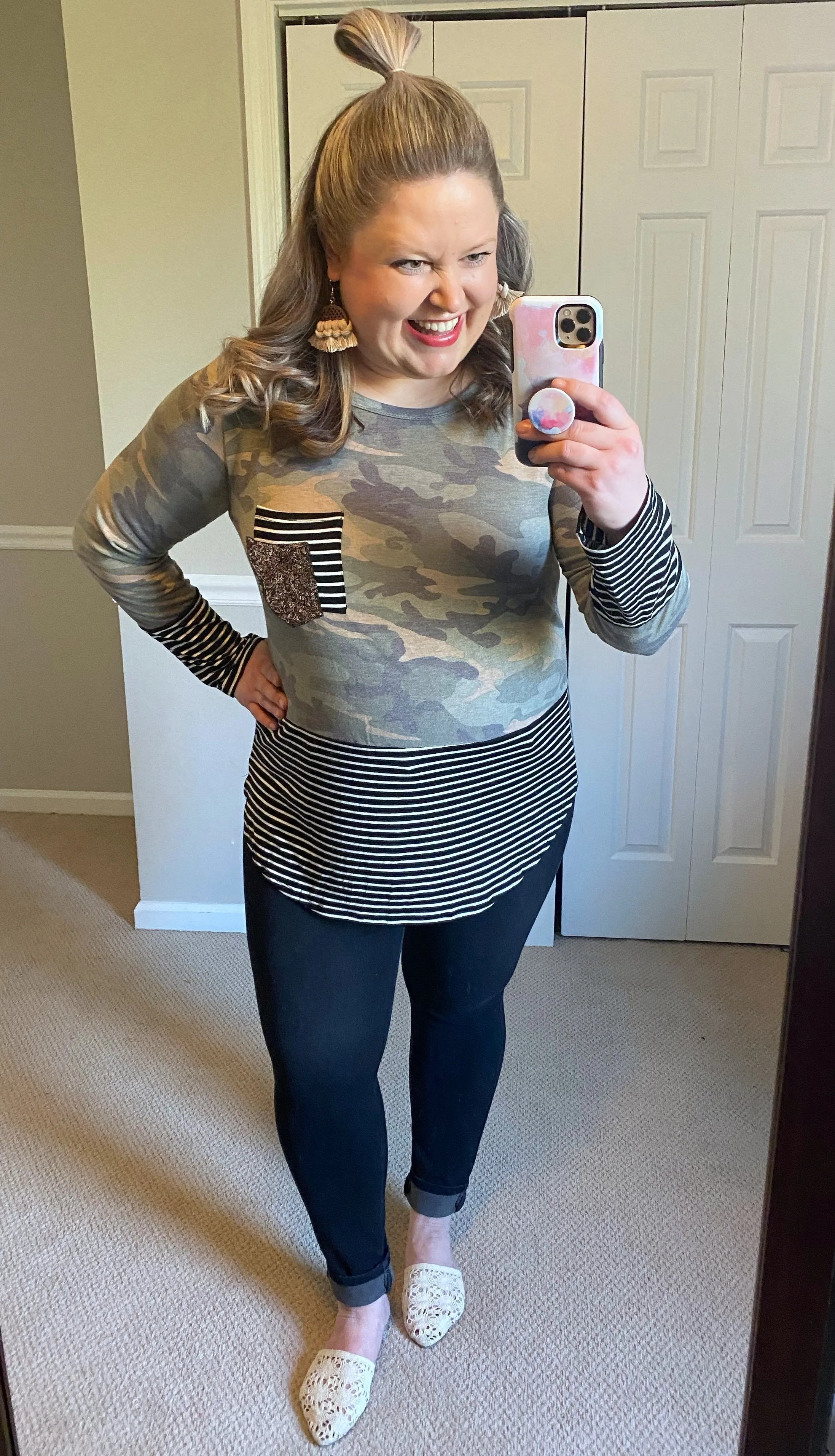Camo & Stripes Sequin Pocket Top