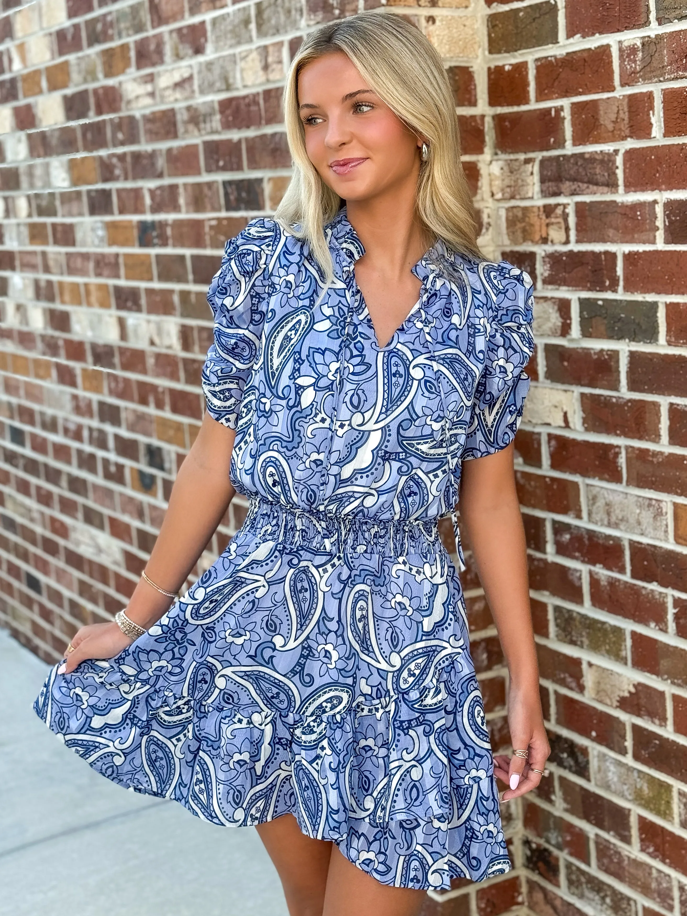 Cinched Waist Dress (Cerulean Paisley)