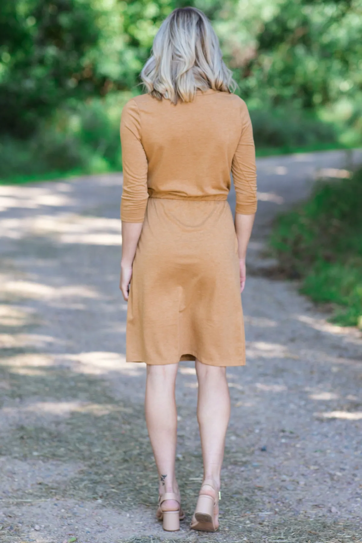 Cinnamon Drawstring Waist Long Sleeve Dress