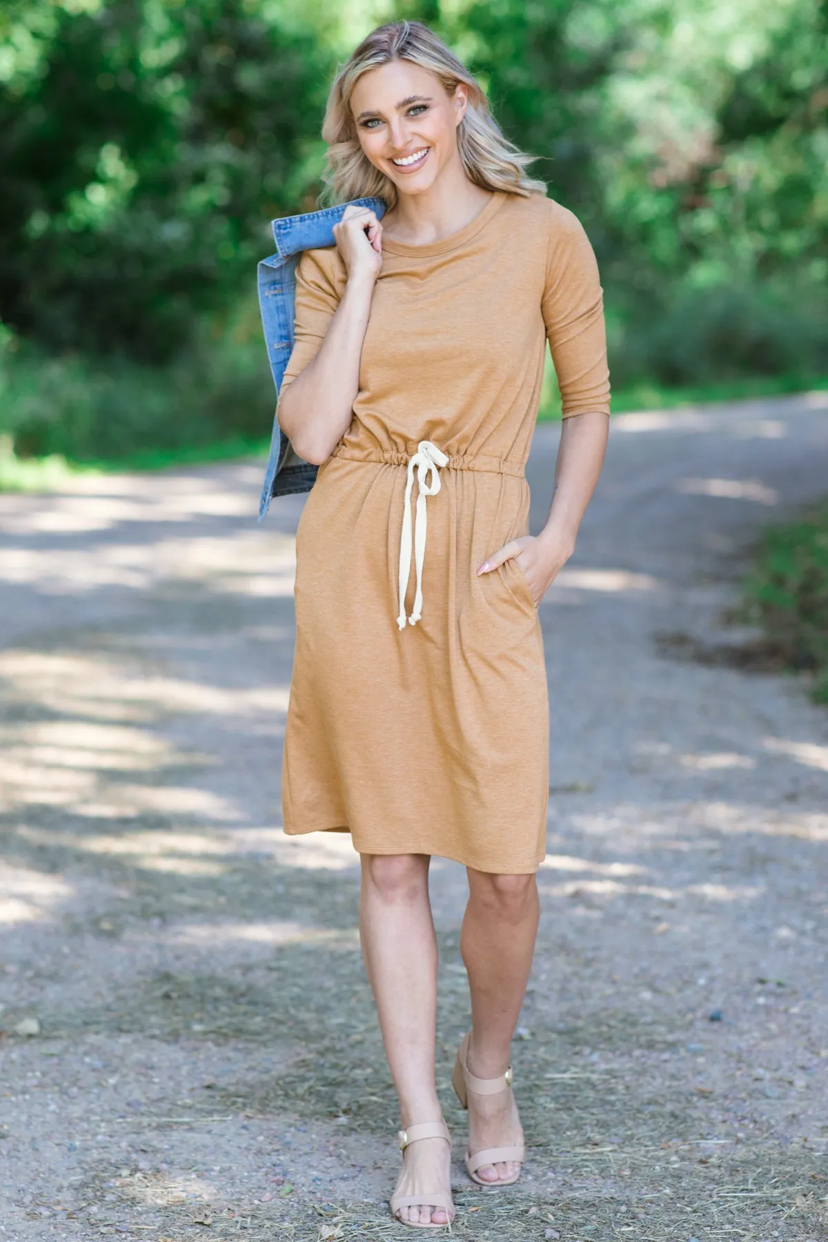 Cinnamon Drawstring Waist Long Sleeve Dress