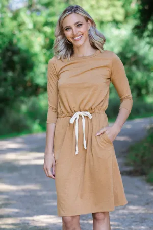 Cinnamon Drawstring Waist Long Sleeve Dress
