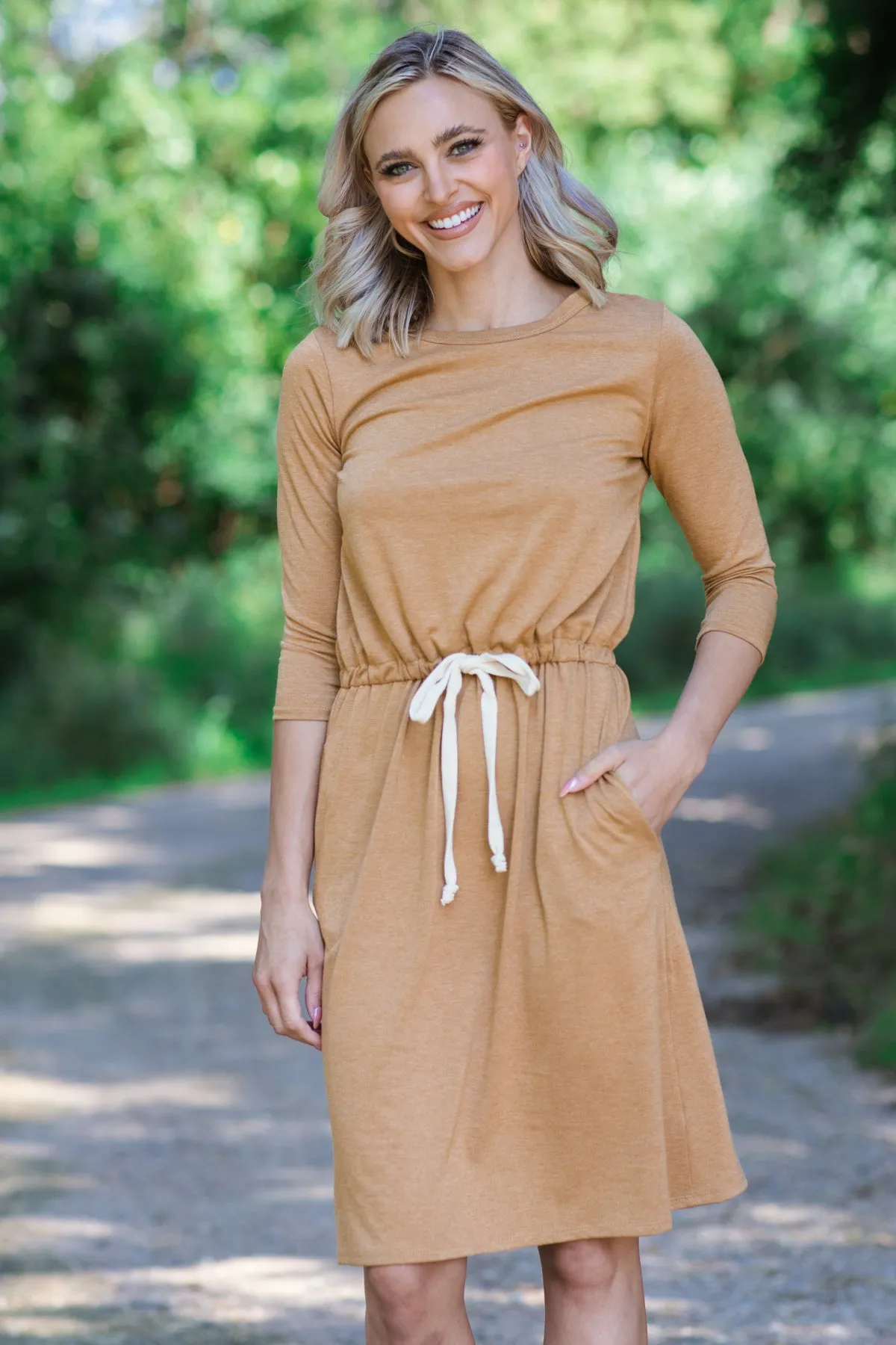 Cinnamon Drawstring Waist Long Sleeve Dress