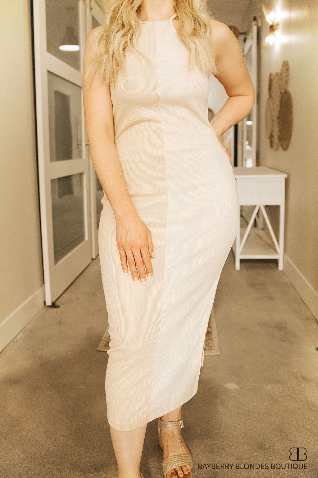 Color Block Ribbed Dress-Cream Multi