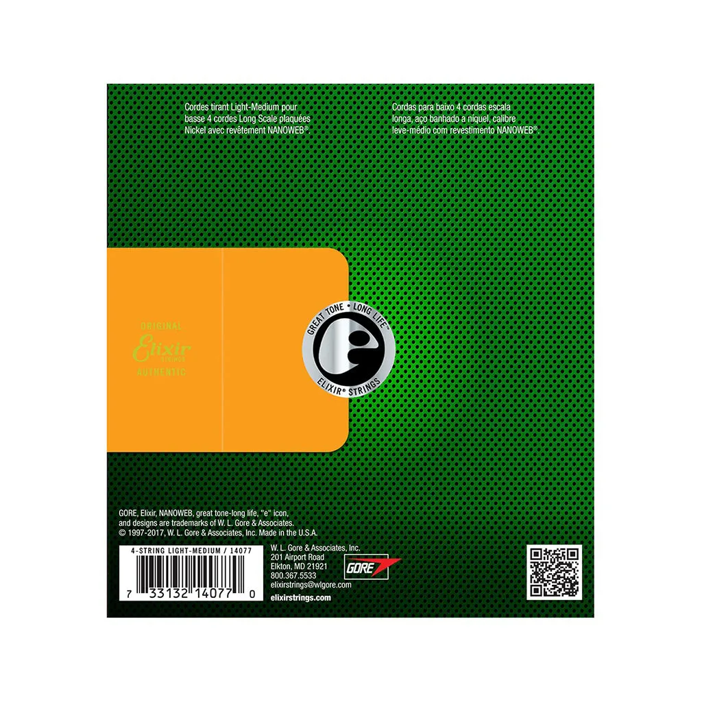 Elixir 14077 Nanoweb Medium Long Scale 4-String Electric Bass Strings 45-105