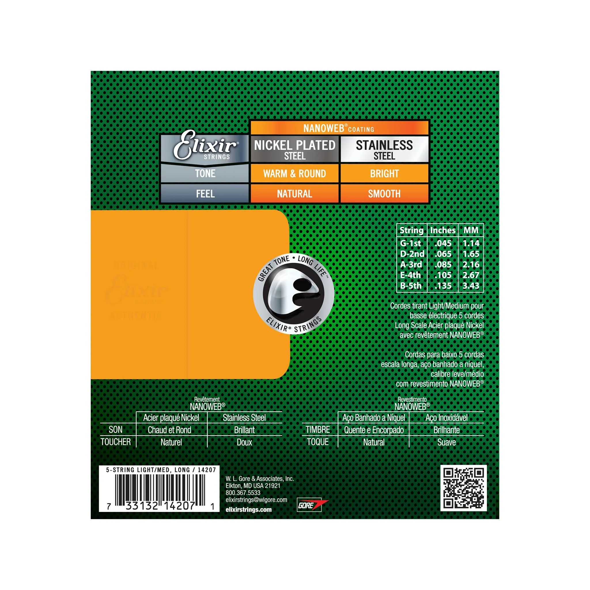 Elixir 14207 Nanoweb Light/Med Long Scale 5-String Electric Bass Strings 45-135