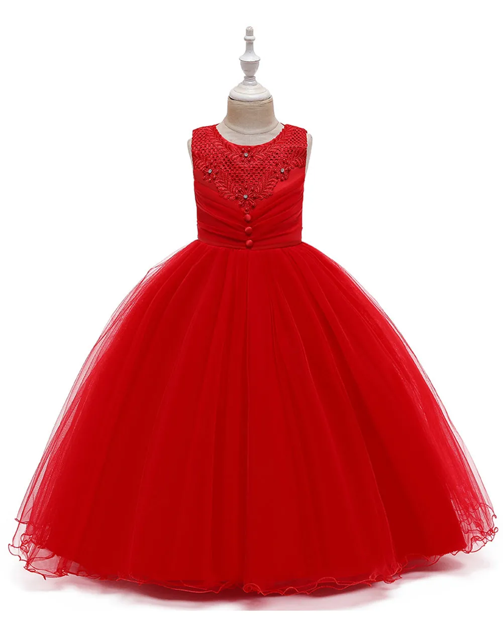Girls Sleeveless Flower Wedding Dress Long Style Tulle Princess Dress