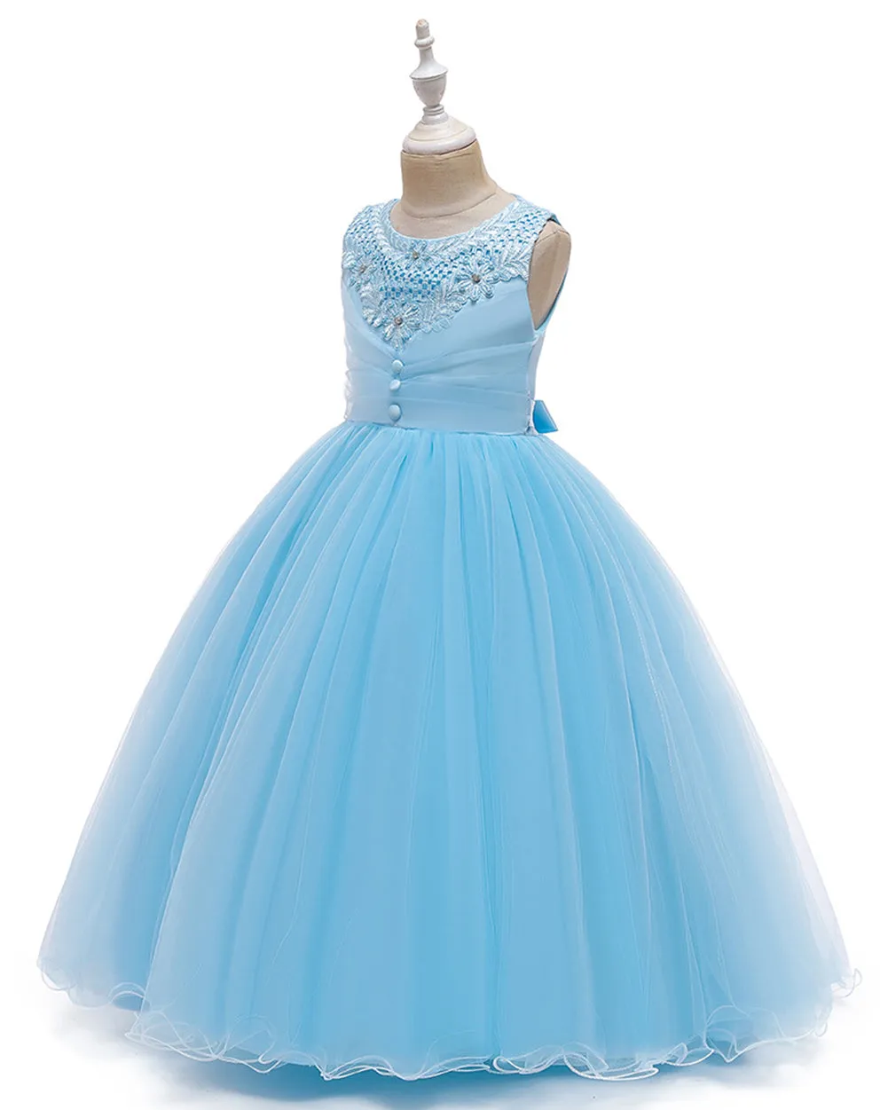 Girls Sleeveless Flower Wedding Dress Long Style Tulle Princess Dress