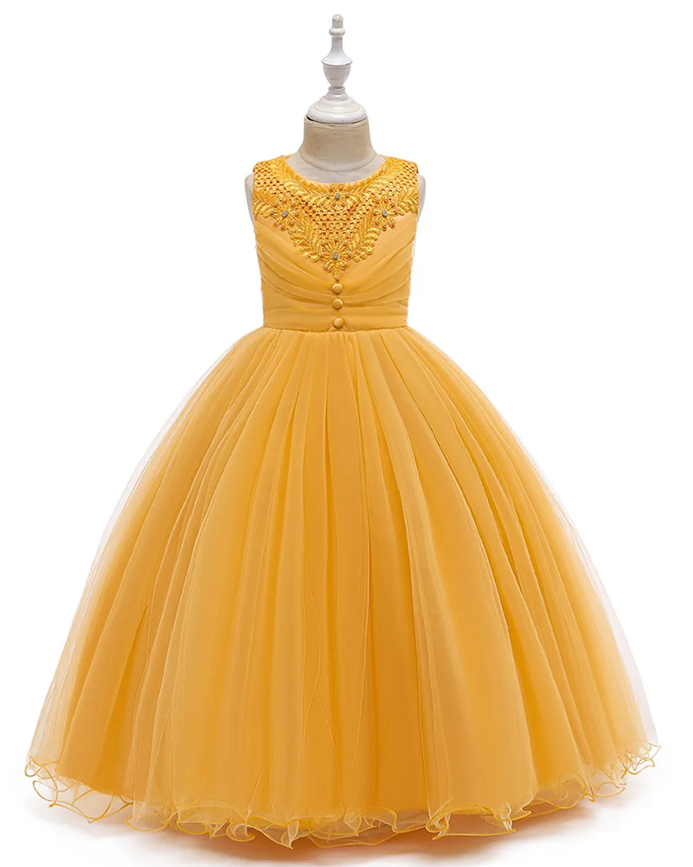 Girls Sleeveless Flower Wedding Dress Long Style Tulle Princess Dress