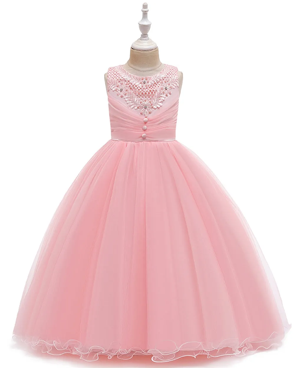 Girls Sleeveless Flower Wedding Dress Long Style Tulle Princess Dress