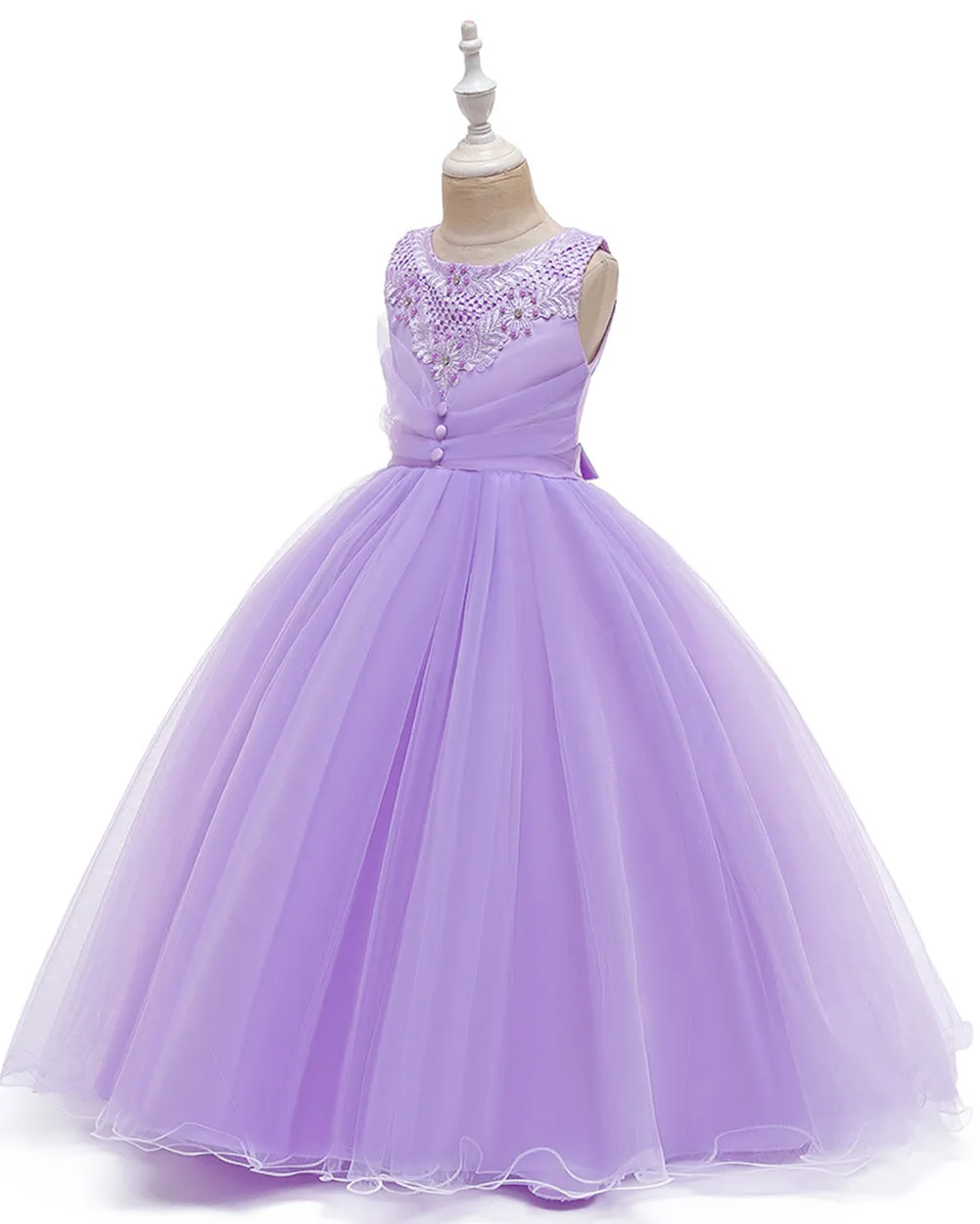 Girls Sleeveless Flower Wedding Dress Long Style Tulle Princess Dress