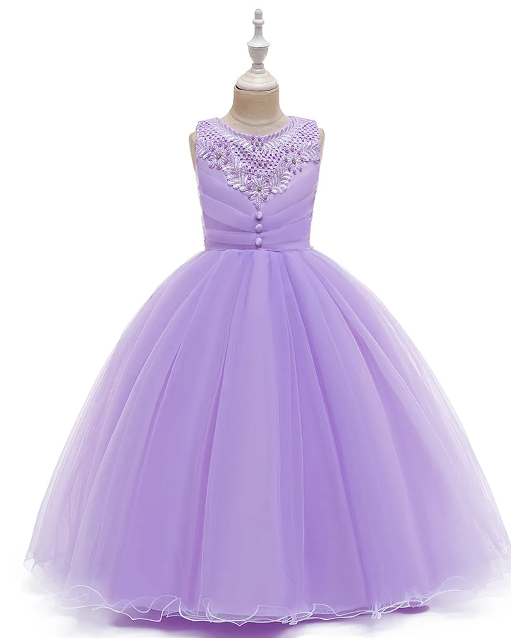 Girls Sleeveless Flower Wedding Dress Long Style Tulle Princess Dress
