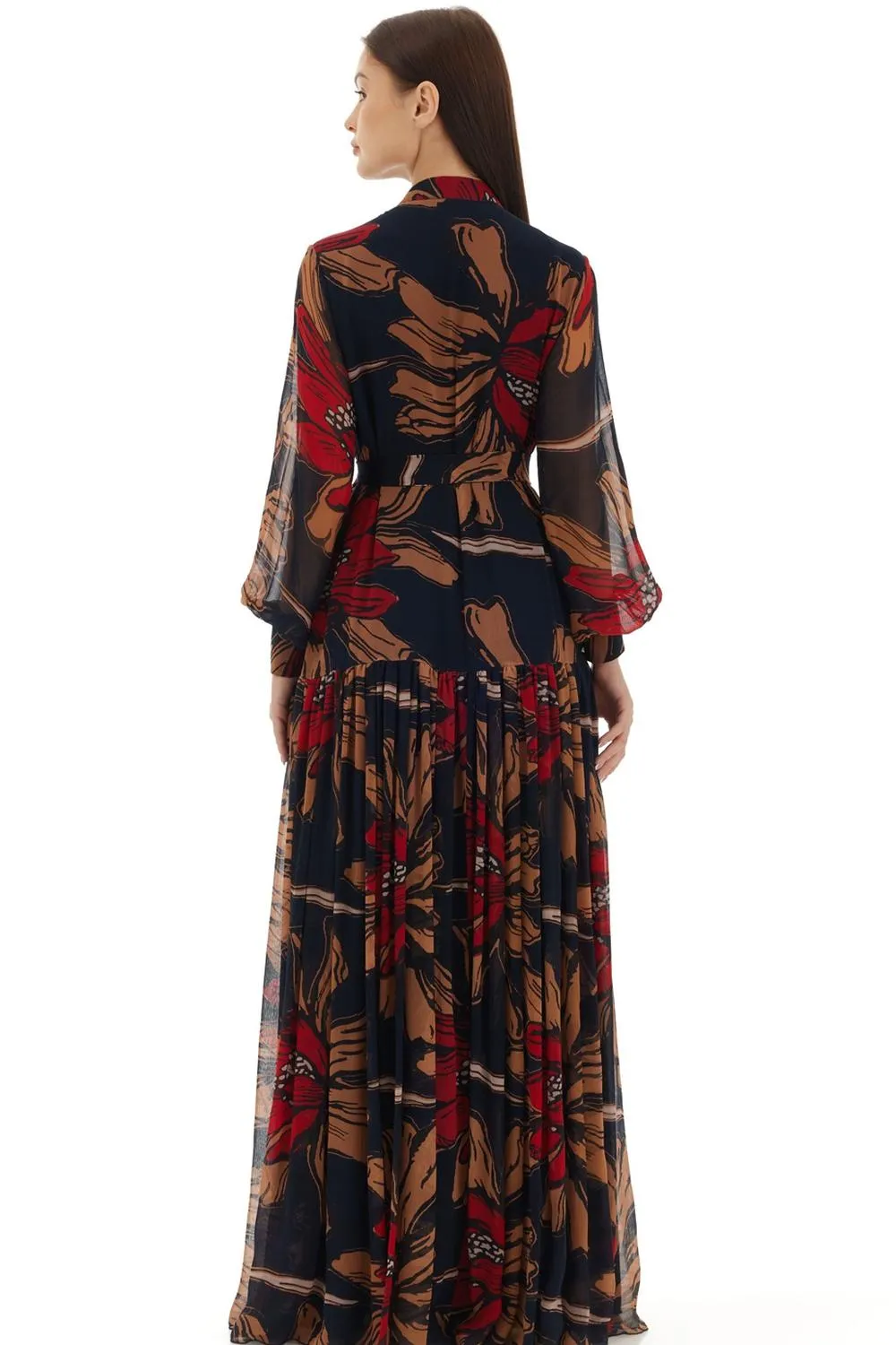 Grey, Beige & Pink Floral Long Dress