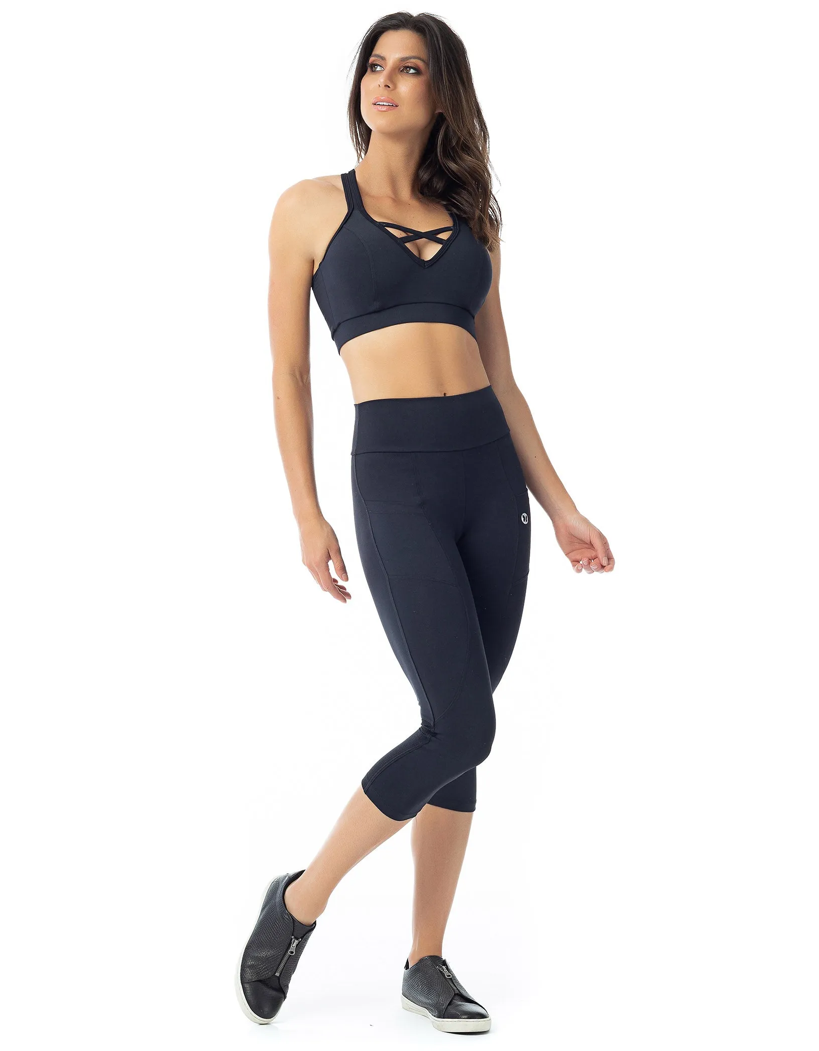 High Waist Pocket Mesh 3/4 Leggings - Black
