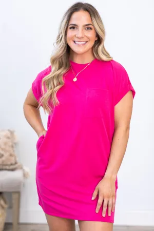 Hot Pink Round Neck Pocket Knit Dress
