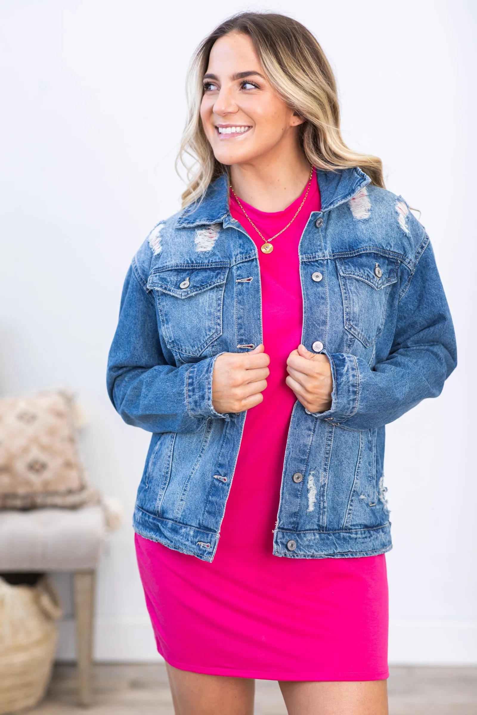 Hot Pink Round Neck Pocket Knit Dress