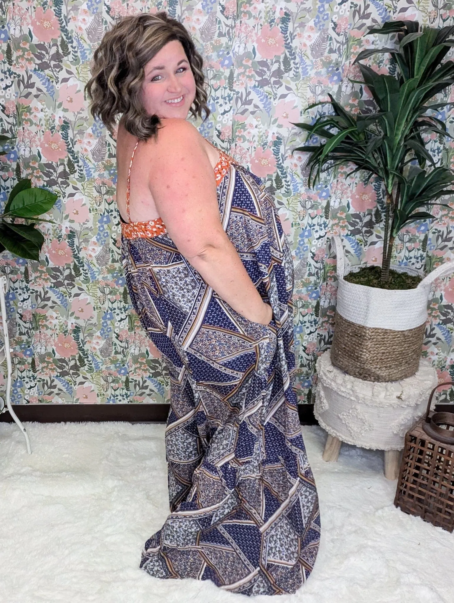 Kori Floral Scarf Print WideLeg Jumpsuit in Navy   Copper