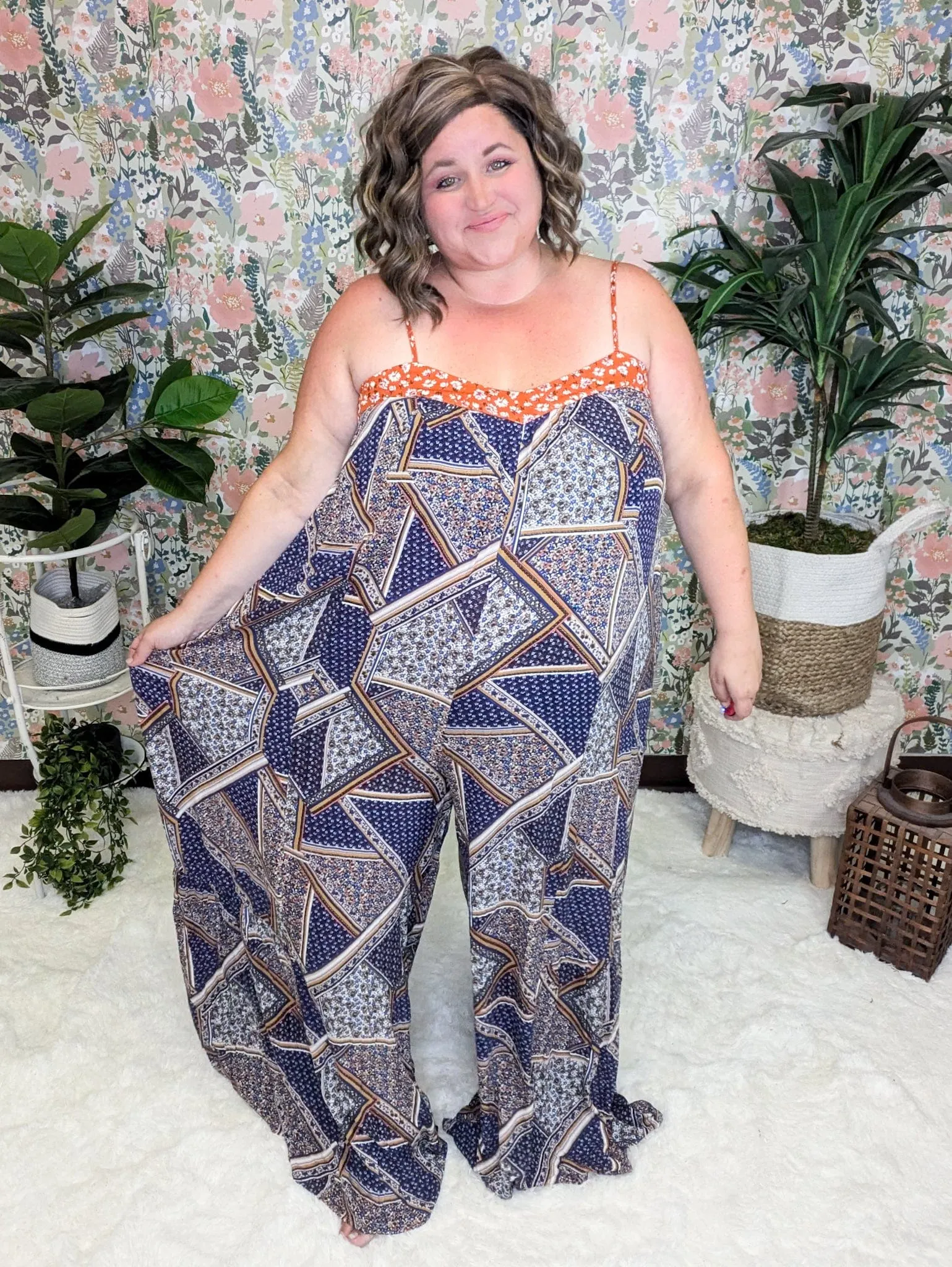 Kori Floral Scarf Print WideLeg Jumpsuit in Navy   Copper