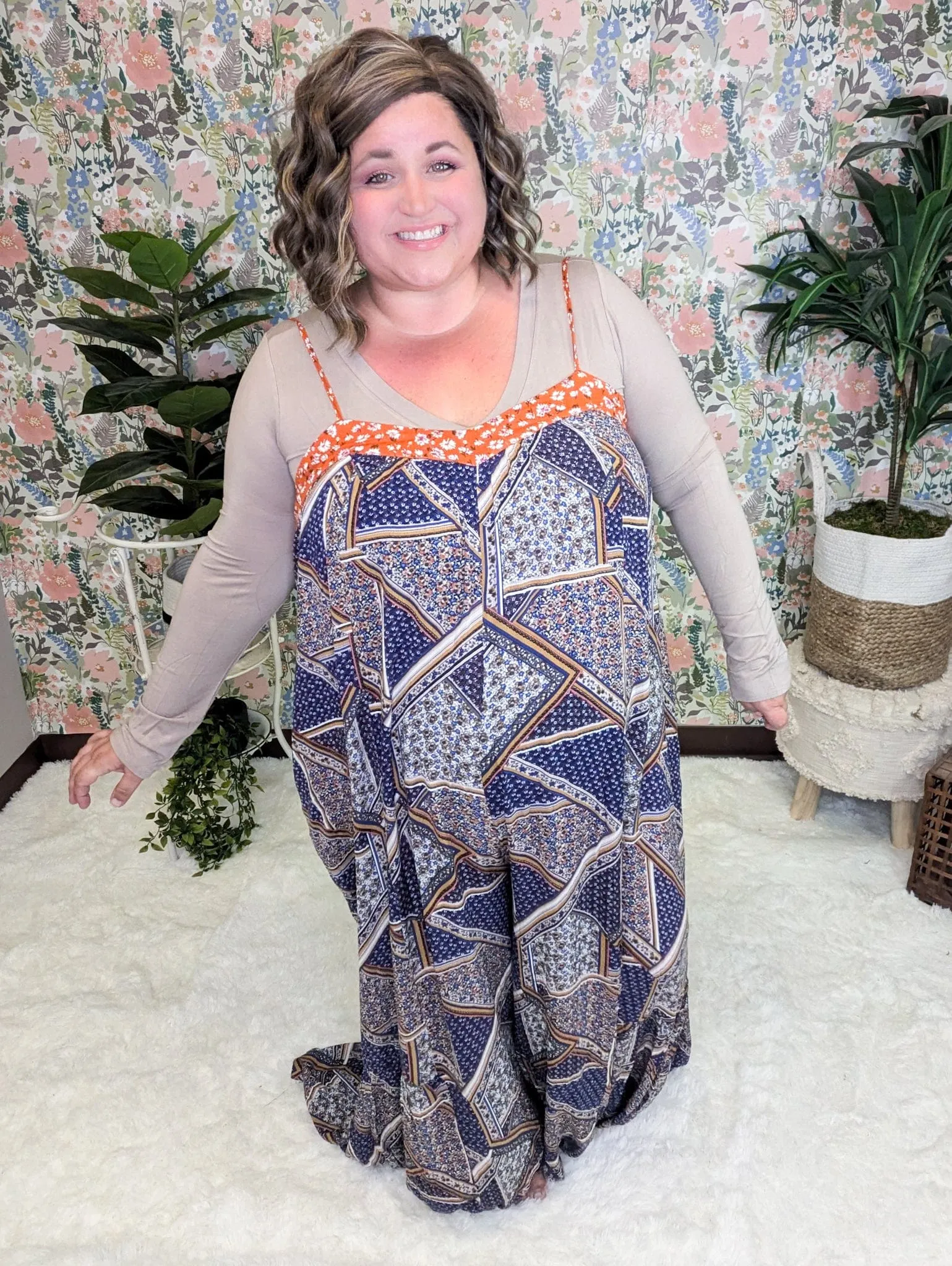 Kori Floral Scarf Print WideLeg Jumpsuit in Navy   Copper